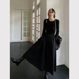 Vevesc Vintage Black Knitted Long Sleeve Midi Dress Women Hepburn Style Hollow Out O Neck Office Lady Slim Casual A Line Dress New
