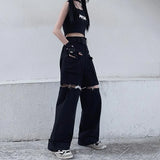Vevesc Gothic Techwear Emo Black Cargo Pants Women Punk Oversize Hollow Out Wide Leg Pocket Trousers for Female Goth Hip Hop