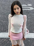Vevesc Y2k Cute Bows Sheer White Crop Tops Coquette Clothes Aesthetic Ladies T Shirt Long Sleeve Going Out Top