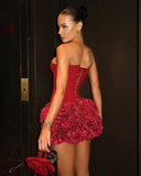 Vevesc Couture Sexy Red Strapless 3D Flowet Mini Cocktail Dresses Strapless Bloom Stretchy Short Women Party Dresses