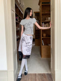 Vevesc  Graffiti Velvet Lace Hem Knee Length Skirt For Woman High Waist A Line Purple Skirt Summer Clothes 2025