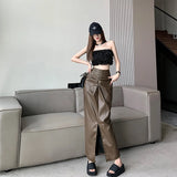 Vevesc Women's A-line Brown Pleated PU Skirt Vintage 90s Aesthetic Y2k Grey Long Skirt Harajuku Korean Skirts 2000s Clothes