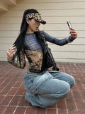 Vevesc Y2k Aesthetic Gauze Patchwork Vitage Plaid T-shirts Grunge Fairy See Through Crop Tops Women Harajuku Slim Fit Streetwear Tees