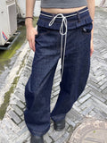 Vevesc Autumn Women's Casual Aesthetic Harajuku Jeans Vintage Emo Loose Washed Pants Y2K Wide Leg Punk Baggy Blue Denim Trouser