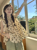 Vevesc Sweet Cute Polka Dots Shirts Women Streetwear Ruffles Flying Sleeve Blouses Summer Korean Fashion Stand Collar Tops New