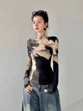 Vevesc Flower Printed Bottoming Tops Women Spring New Turtleneck Slim Fit T-shirts Y2k E-Girl Long Sleeve Tee Shirt