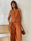 Vevesc Women Linen Cotton Chic Vest ＆ Pants Suit Two-Piece Set Office Ladies Summer Chic 2 Piece Sets Womens Outfits