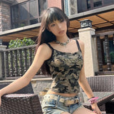 Vevesc American Vintage Camouflage Vest for Women 2024 Summer New Slim Fit Tank Top Y2k E-Girl Sexy Off Shoulder Camisole Tops