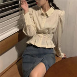 Vevesc Vintage Folds Shirts Women Korean Ruffles Puff Long Sleeve Crop Tops Streetwear Preppy Slim All Match Blouses Spring New