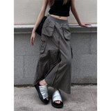 Vevesc Streetwear Cargo Skirts Women Y2K Vintage Pockets A Line Skirt Harajuku Korean High Waist Slit Zipper Casual Chic Skirts