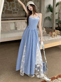 Vevesc  Sweet Plaid Long Dress Beach Style Women Elegant Lace Patchwork Korean Dress Fashion Slim Design Female Sexy Camis Vestidos