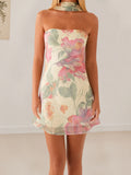 Vevesc  Women Sexy V-Neck Lace Bodycon Dress Sleeveless Backless Floral Print  Fit Party Mini Dress with Belt