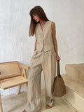 Vevesc Womem Linen Cotton Chic Vest ＆ Pants Suit Two-Piece Set Office Ladies Summer Chic 2 Piece Sets Womens Outfits