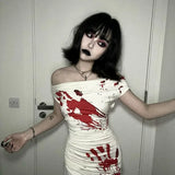 Vevesc Halloween Horror Bloody Handprint Pattern Sexy Spicy Halter Neck Dress Cosplay Zombie Vampire Slim Women Goth Costume Dress