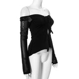 Vevesc  Slash Neck Lace-Up Shirts For Women Sexy Mesh Y2k Top Fashion Drop Sleeves Aesthetic Clothes Solid Casual Long Sleeve T Shirts