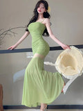 Vevesc  Black Patchwork Mesh Sheer Sexy Long Dress Women Elegant Luxury Ruffled Dress Gown Summer Korean Bodycon Party Night Dress
