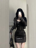 Vevesc Fashion Vintage Long Sleeve Zipper Leather Coat Women+ Y2k Sexy Slim Fit Bodycon Camisole Dress Summer New Two Piece Sets