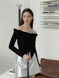 Vevesc Y2k Clothes Irregular Drawstring T-shirt Slim Plush Splicing Off Shoulder Crop Top Long Sleeve Harajuku Ropa De Mujer
