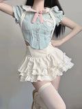 Vevesc Summer Bow Sweet Two Piece Set Women Kawaii Party Mini Skirt Set Female Korean Fashion Designer Top+Princess Skirt Suit New