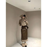 Vevesc New Fashion Winter High Street Warm Faux Fur Coats American Y2k Aesthetic Constrast Color Spliced Skirts Girl 2 Piece Sets