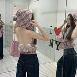 Vevesc Korean Constrast Color Plaid with Hat Punk Girl Tops Y2k Aeshetic Spliced Lace Design Sexy Backless Clothes Harajuku Hoodies