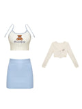 Vevesc Japanese Kawaii 3 Piece Set Women Autumn Korean Designer Mini Skirt Suit Female Sweet Tank Tops＋Casual Coat＋Sexy Slim Skirt