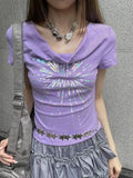 Vevesc Slash Neck American Tshirts Elegant Y2k Women Camisetas Skinny High Street Slim Waist Tops Short Sleeve Tees Vintage Print