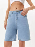 Vevesc  Fashion High Waist Denim Shorts Leisure Loose Comfort Classics Women's Shorts Simple Versatile Dark Blue Women's Denim Shorts