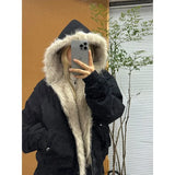 Vevesc American Retro Fur Collar Hooded Zipper Jacket Fashion High Street Zippered Hooded Jacket Harajuku Hip Hop Y2k Hooded Jacket