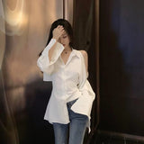 Vevesc Elegant White Shirts Women Sexy Off Shoulder Black Long Sleeve Blouses Korean Fashion Ladies Hollow Out Bandage Slim Tops New