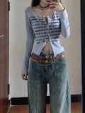 Vevesc American Casual All Macth Spring Autumn Thin Cardigan Y2k Aesthetic Letter Print Harajuku Punk Tops Y2k Aesthetic Lazy Clothes
