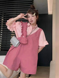Vevesc  Dopamine Matching Sets Flare Sleeve Single Breasted Shirts Irregular Overall Shorts Ruffles Patchwork Summer Women Clothing