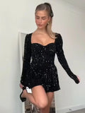 Vevesc Fashion Sexy 2024 Winter Square Collar Sequins Black Dress Women Long Sleeve High Waist A-line Shiny Evening Party Short Dresses