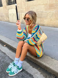 Vevesc Colorful Striped Women Knitted Cardigan Fashion Rainbow Color Long Sleeve Sweater Coats Autumn Female Streetwear Sweaters