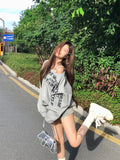 Vevesc Grey Hooded Women Clothing Vintage Street Sweatshirt Hiphop Y2K Letter Printing Pullover Long Sleeves Warm Oversize Ladies Tops