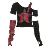 Vevesc Sexy American Punk Constrast Color Lrregular Off The Shoulder Harajuku Shirts American Plaid with Sleeve Design Tops Y2k Clothes