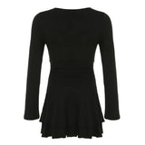 Vevesc  Black Slim V-Neck Low-Cut Long Sleeve Dresses Sexy Basic Women 2024s New Clothes Tierred Ruched Short Vestido