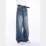 Vevesc Women's Washing Vintage Y2K 2000s Blue Wide Leg Jeans Street Style Baggy Pants Female Casual High Waist Straight Denim Trousers