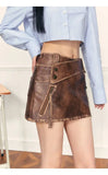 Vevesc  Sexy Pu Leather Mini Skirt Women Oversized Streetwear High Waist A-Line Skirt E Girl Zipper Design Belt Slim Skirt New