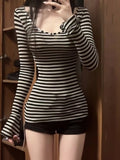 Vevesc American Striped Slim Fit Long Sleeved Tee Shirt Autumn New Bottoming Tops Mujer Y2k Mid-length T-shirt for Women