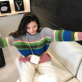 Vevesc Y2K Striped Sweater Women Streetwear Rainbow Patchwork Knitted Jumper Harajuku Korean Oversized Knitwear Pullovers Tops