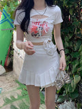 Vevesc  Women's Hollow Crop Top Kawaii Cat Print T-shirt Short Sleeve Streetwear Harajuku y2k Top Egirl Graphic Tee Summer