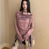 Vevesc Grunge Aesthetics Knitted Tops Trashy Y2k Graffiti Print T-shirt Vintage Punk Irregular Patchwork Knitwear High Street Ropa