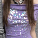 Vevesc  Y2k Clothes Purple Short Tees Slash Neck Spring Summer Vintage Sexy T Shirt for Women Grunge Harajuku Ropa De Mujer