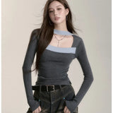 Vevesc Slim Fit Women Korean Gray Knitted T-shirts Contrast Color Camisetas Square Collar Y2k Elegant Black Tees Patchwork Long Sleeve