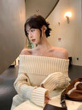 Vevesc Vintage Off Shoulder Sweater Women Solid Elegant Sexy Knitwear Long Sleeve Jumper Slash Neck Causal Harajuku Pullovers