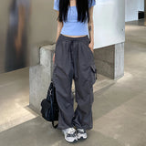 Vevesc Drawstring Baggy Grey Cargo Pants Women High Waist Black Pants Streetwear Boyfriend Jogging Casual Straight Wide Leg Trousers