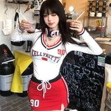 Vevesc Sweet and Cool Girly Style Sports Skirt Suit V Neck Short Digital T Shirt Two Piece Set Slimming Top Tight Hip Skirt Suit