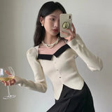 Vevesc Vintage Knitted Sweater Women Square Collar Cropped Pullovers Korean Elegant Slim Knitwear Simple Patchwork Jumpers Tops