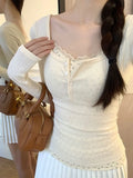 Vevesc Y2k Beige Floral T-shirts Women Fairycore Cute Long Sleeve Tees Korean Sweet Streetwear